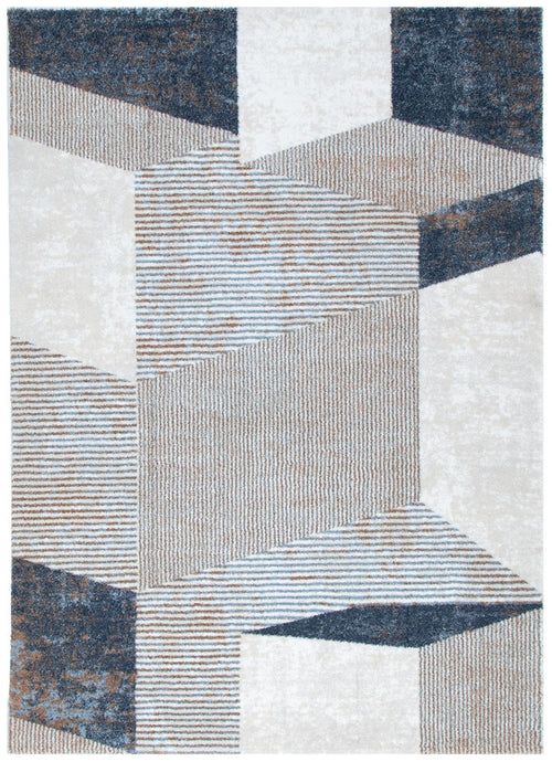 Modern geometric area rug with 3D cube pattern in beige, brown, and blue tones