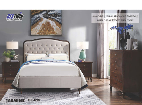 Beige upholstered queen bed with tufted headboard, wood trim, nightstands, and dresser in modern bedroom