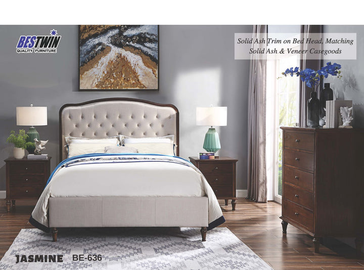 Beige upholstered queen bed with tufted headboard, wood trim, nightstands, and dresser in modern bedroom