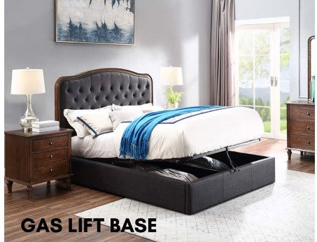 Upholstered gas lift storage bed in modern bedroom with open under-bed storage compartments