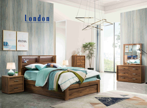 Modern bedroom with wooden bed, dresser, nightstand, and teal bedding in bright room