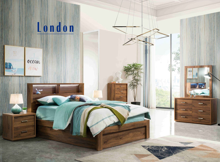 Modern bedroom with wooden bed, dresser, nightstand, and teal bedding in bright room