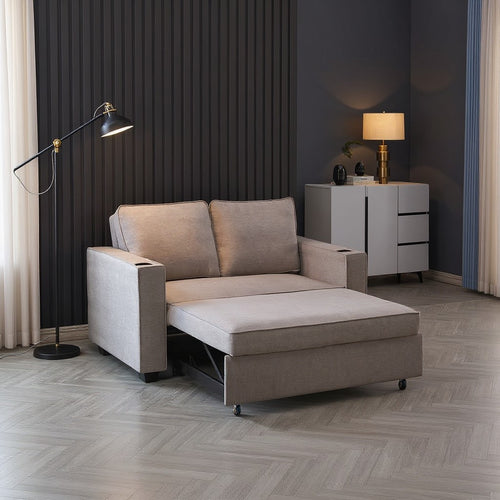 Beige fabric sofa with pull-out chaise lounge in modern living room setting