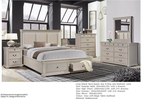 Modern bedroom suite with queen bed, bedside table, dresser, and mirror in grey finish