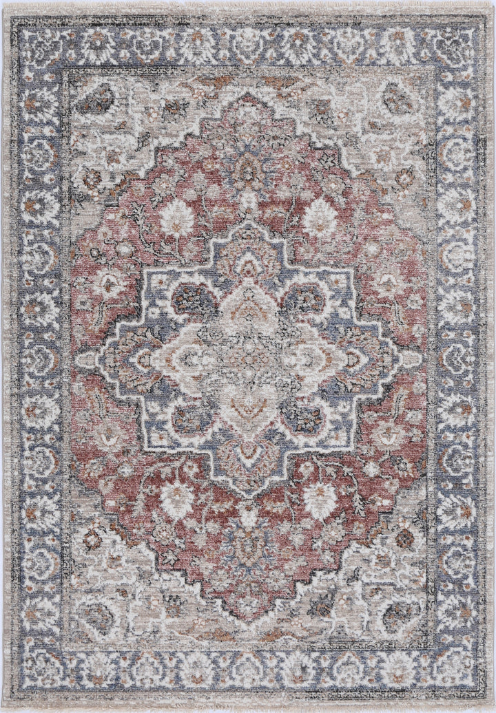 Traditional area rug with intricate floral patterns in red, blue, and cream tones