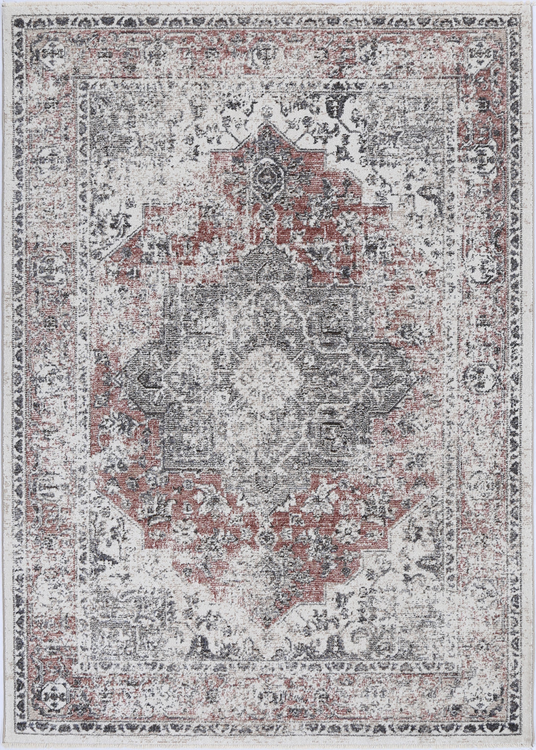 Vintage area rug with distressed red, ivory, and gray ornate medallion pattern