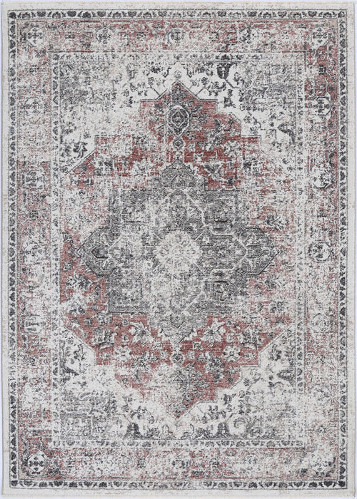 Vintage area rug with distressed red, ivory, and gray ornate medallion pattern