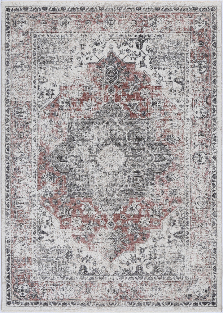 Vintage area rug with distressed red, ivory, and gray ornate medallion pattern