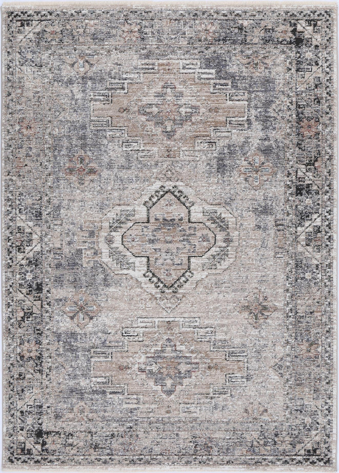 Vintage-style area rug with geometric central medallion and muted beige, grey, and taupe tones