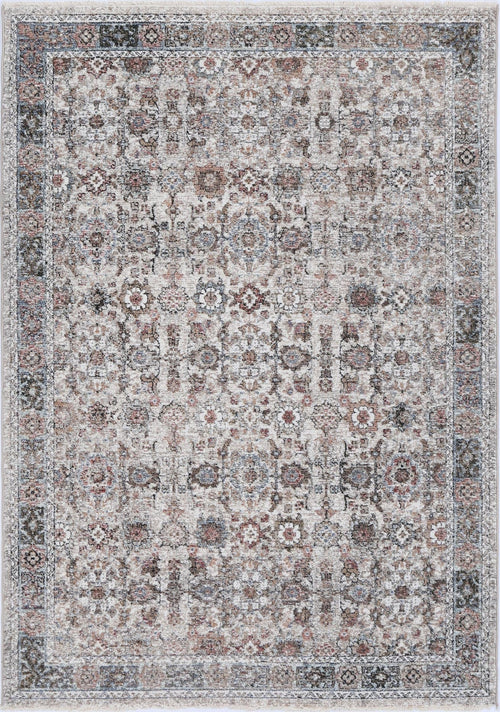 Traditional area rug with intricate floral and geometric patterns in neutral tones