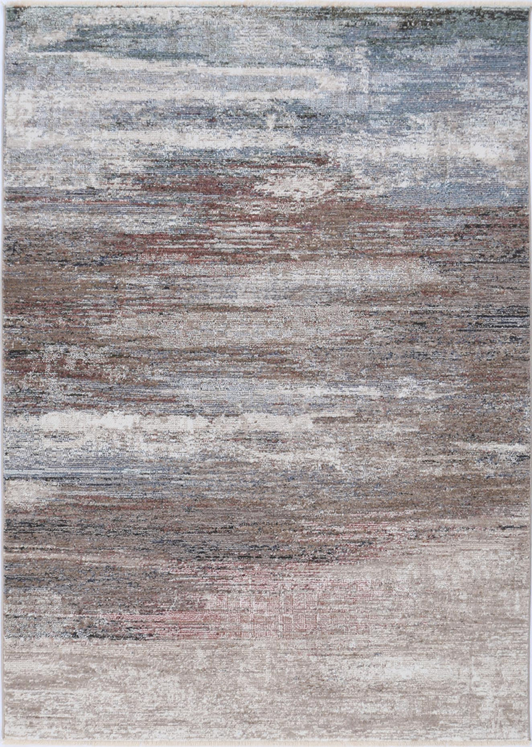 Modern area rug with abstract pattern in neutral brown, blue, and grey tones