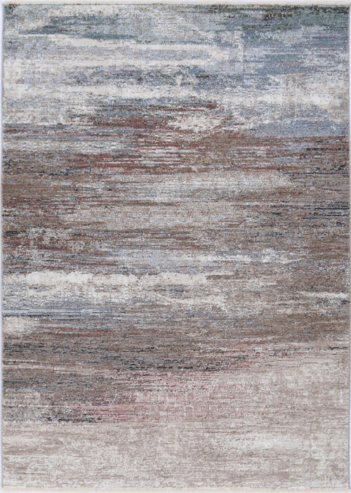 Modern area rug with abstract pattern in neutral brown, blue, and grey tones
