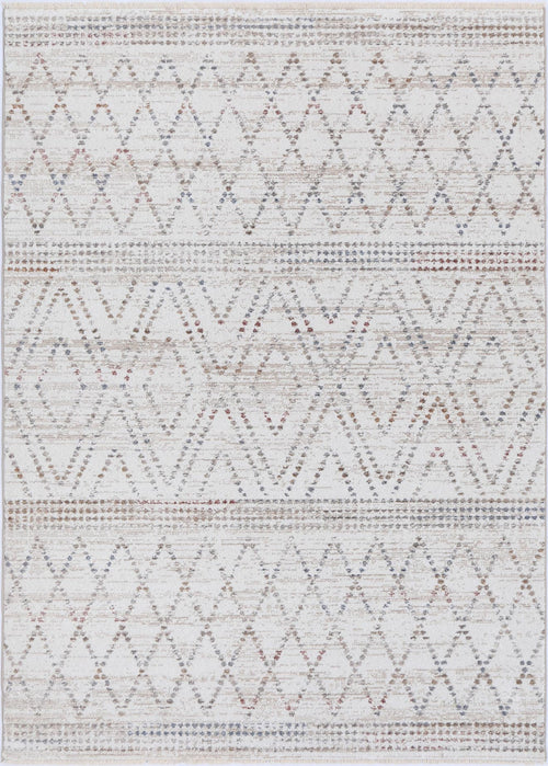 Modern geometric patterned area rug in neutral beige and white tones, home decor accent.
