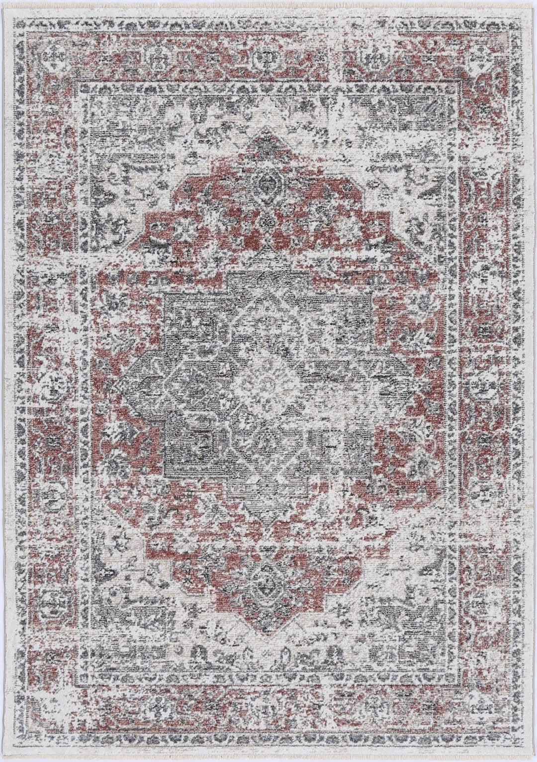 Vintage style area rug with distressed red, grey, and ivory floral medallion pattern
