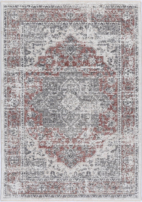 Vintage style area rug with distressed red, grey, and ivory floral medallion pattern