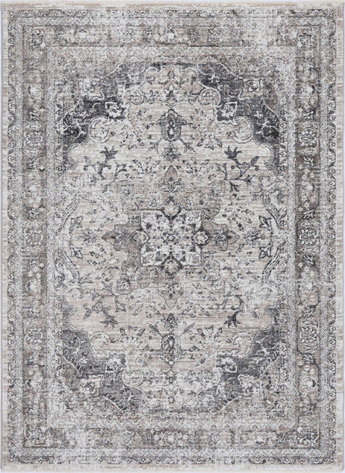 Traditional area rug with ornate floral and medallion pattern in neutral tones