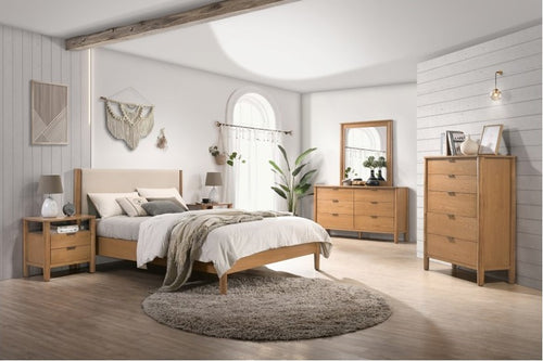 Modern bedroom suite with wooden bed, dresser, chest, nightstands, and neutral decor