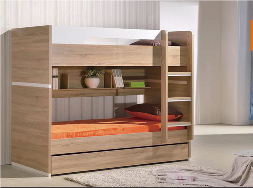 Modern wooden bunk bed with storage shelves and trundle drawer, perfect for kids' rooms in Sydney