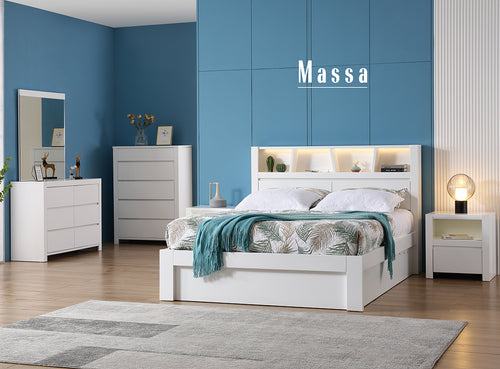 Modern bedroom with white platform bed, nightstand, dresser, and blue accent wall