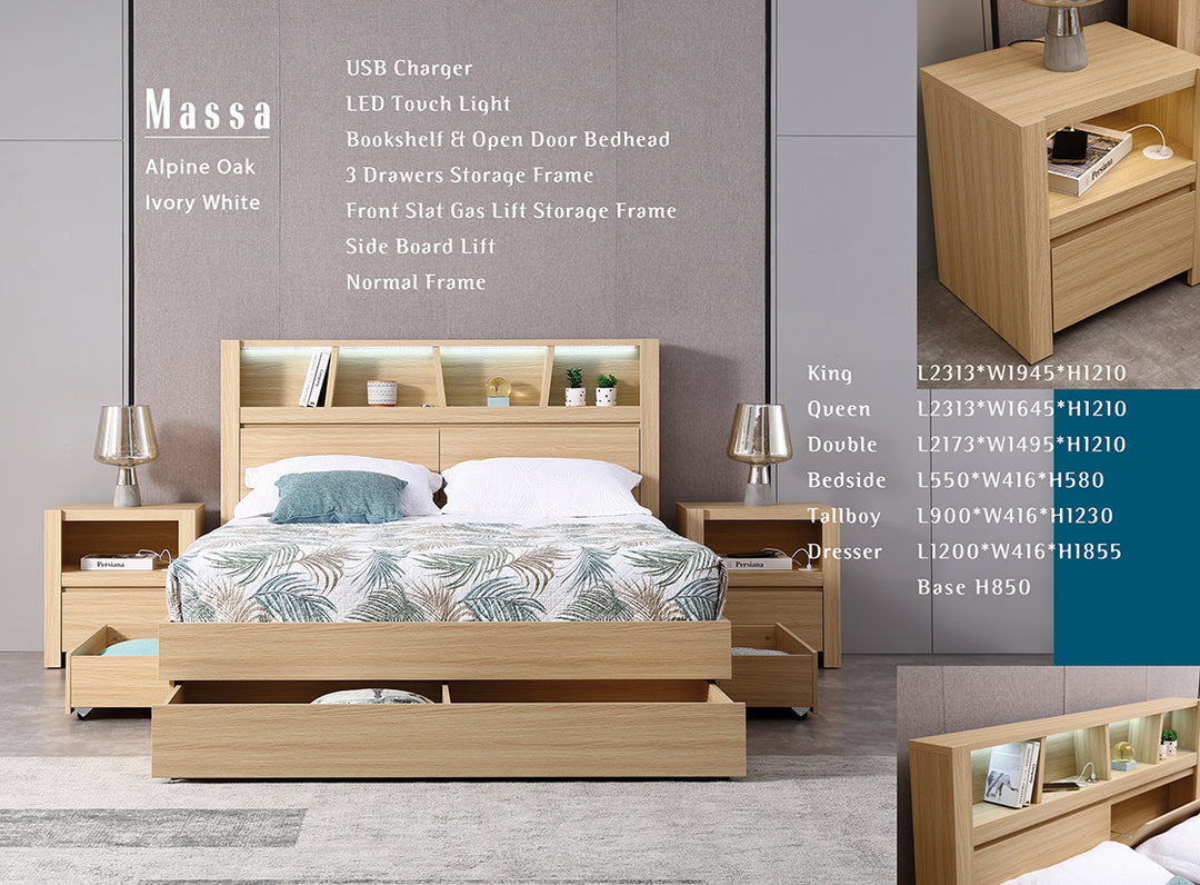 Modern oak bed with LED headboard, bookshelf, storage drawers, and matching bedside tables