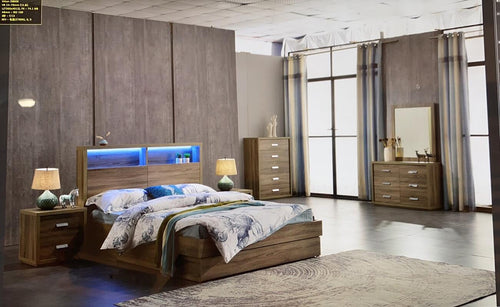 Modern bedroom set with wood bed, blue LED headboard, nightstands, dresser, and chest