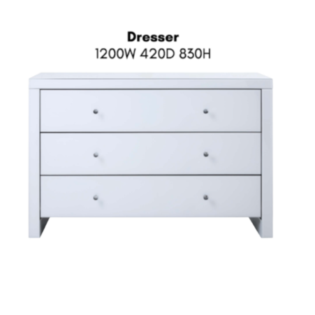 Modern white dresser with three drawers, minimalist design, metal knobs, bedroom furniture.