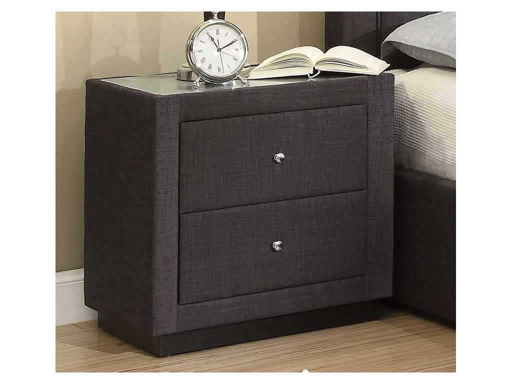 Modern charcoal nightstand with two drawers, clock and open book on top, bedroom setting