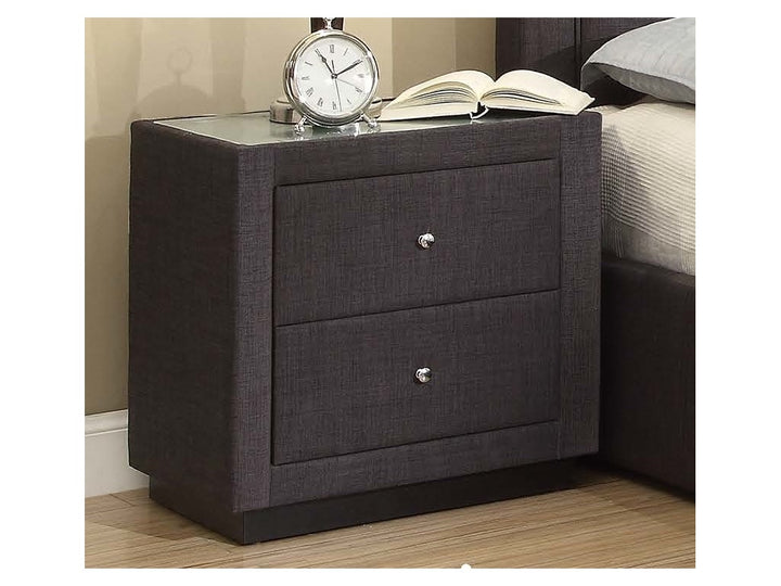 Modern charcoal nightstand with two drawers, clock and open book on top, bedroom setting