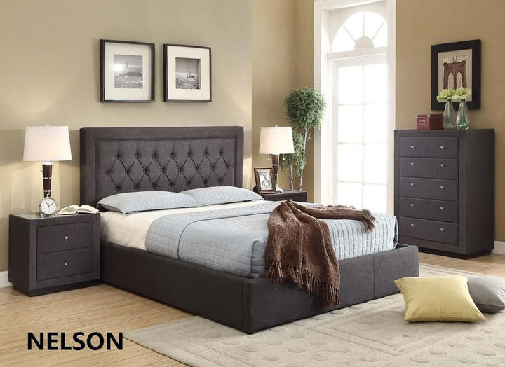 Modern bedroom set with upholstered bed frame, nightstands, dresser, and soft neutral decor