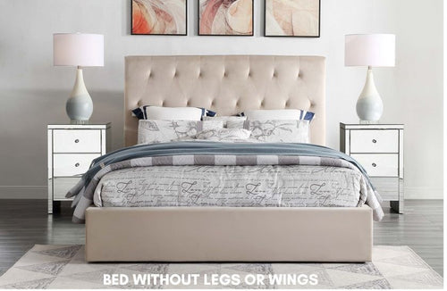 Beige upholstered platform bed without legs or wings, flanked by mirrored nightstands.