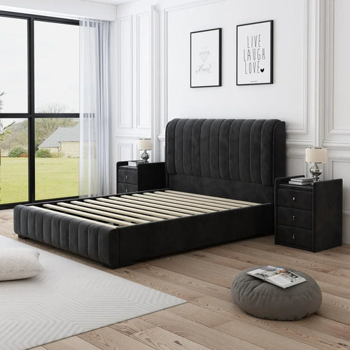 Orion Luxury Velvet Queen Black Bed Frame - DLB Furniture
