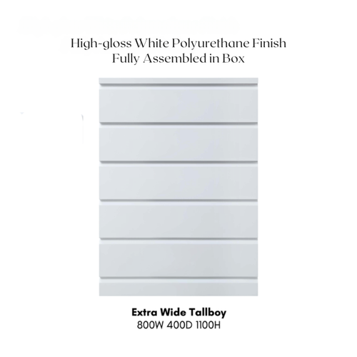 High-gloss white 5-drawer tallboy chest with modern flat front design, extra wide.