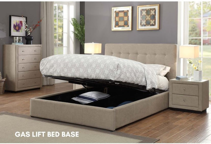 Beige gas lift storage bed in modern bedroom with matching dresser and nightstand.