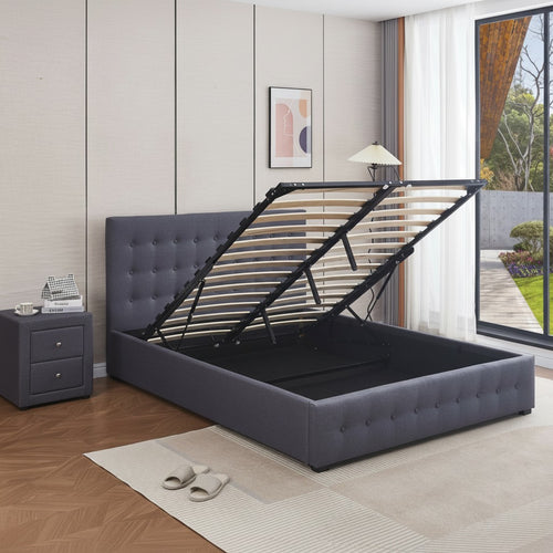 Modern upholstered storage bed with lifted slatted base in a bright bedroom