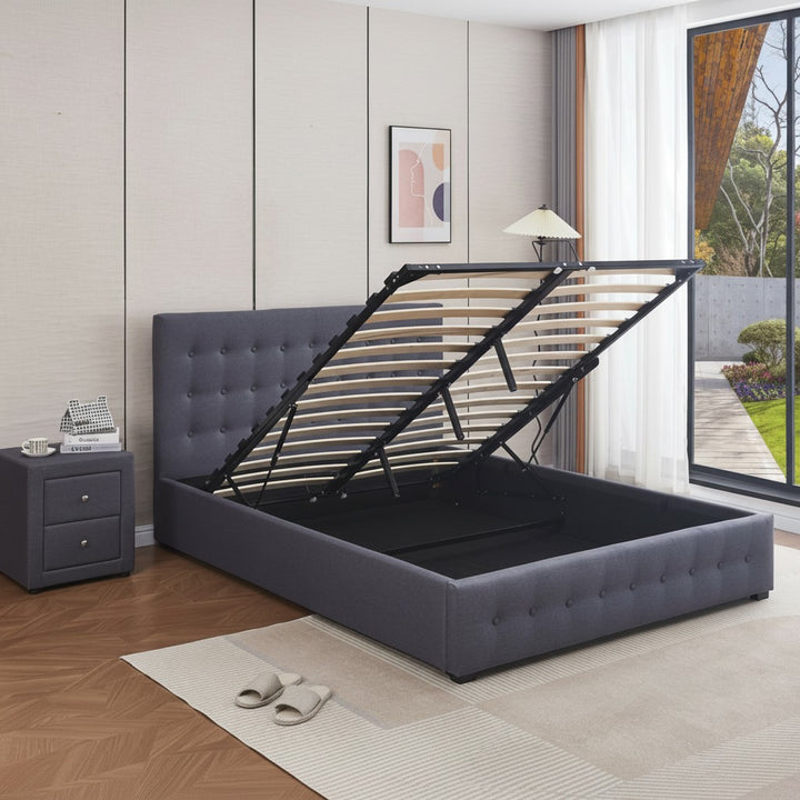 Modern upholstered storage bed with lifted slatted base in a bright bedroom