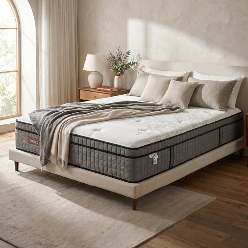 Luxury hybrid mattress on upholstered bed frame in modern bedroom with natural light