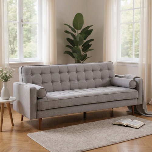 Gray tufted sofa with rolled arms in modern living room, ideal for Sydney furniture shoppers