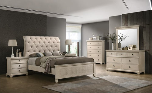 Elegant beige bedroom set with tufted bed, two nightstands, dresser and mirror in modern room