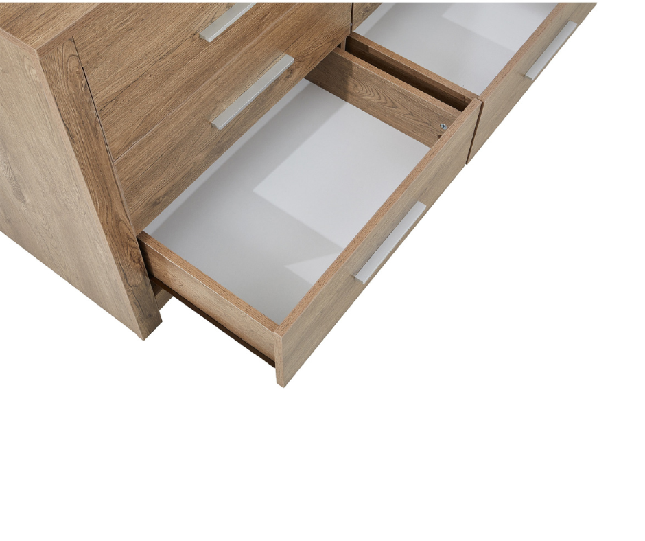 Modern wooden dresser with open storage drawers and sleek metal handles