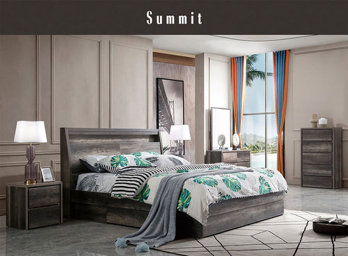 Modern bedroom featuring a grey wood bed, nightstands, dresser, and tropical bedding.