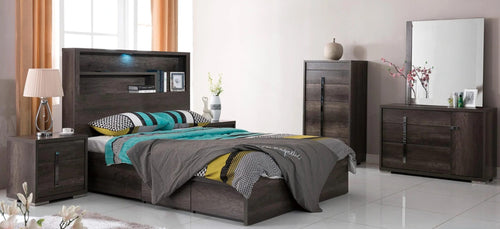 Modern dark wood bedroom set with bed, nightstand, dresser, and wardrobe in a bright room