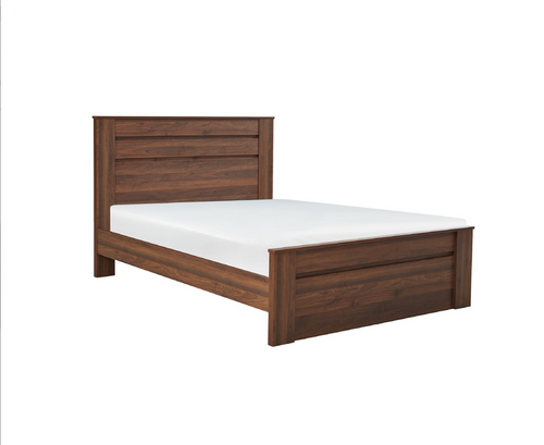 Modern wooden bed frame with high headboard and white mattress, home bedroom furniture