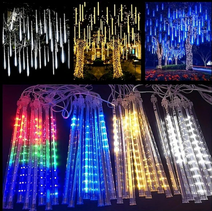 LED meteor shower lights in multiple colors for outdoor tree decoration, festive lighting.