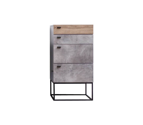Modern 4-drawer chest with concrete finish, wood top, and metal frame for bedroom or living room storage