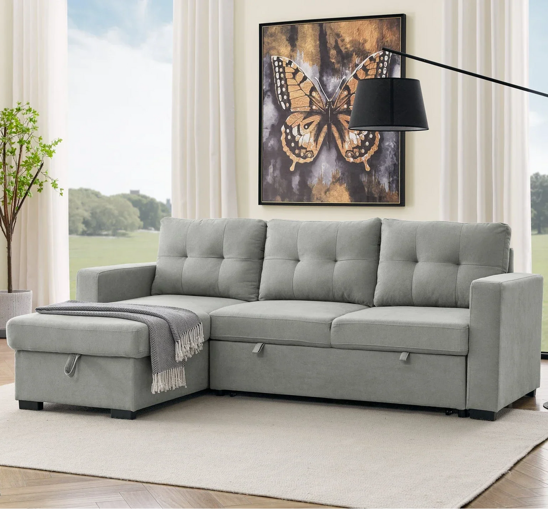 Light grey sectional sofa with chaise and storage in modern living room, butterfly wall art