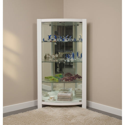 Modern glass corner display cabinet with white frame in a carpeted living room