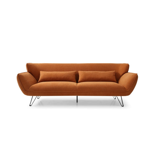 Modern orange fabric sofa with sleek black metal legs, perfect for contemporary living rooms
