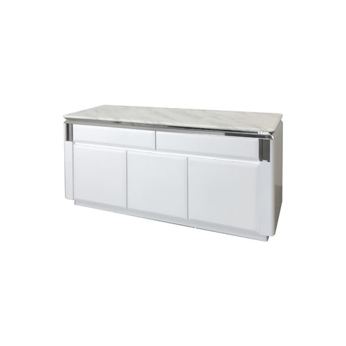 Modern white sideboard with marble top and chrome accents, ideal for living room or dining storage