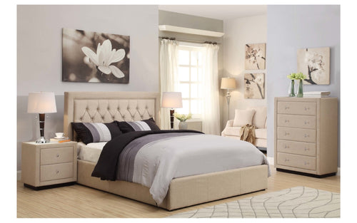 Beige tufted bed frame with matching nightstand and dresser in modern bedroom setting