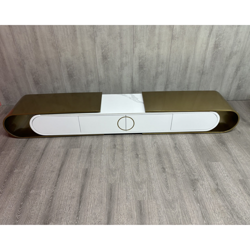 Modern white and gold TV unit with marble top and curved design for living room furniture